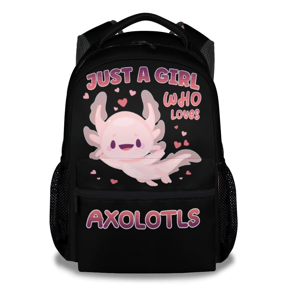 PoshWrap Axolotl School Backpack for Girls, 16 Inch Black Backpacks for Kids 6-12 Years, Lightweight Cartoon Bookbag for Travel