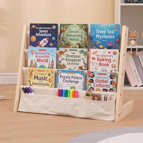 SOONHUA Bibliothèque en bois pour enfants - Étagère de rangement à plusieurs niveaux - Étagères de présentation en toile pour livres, magazines, chambre...