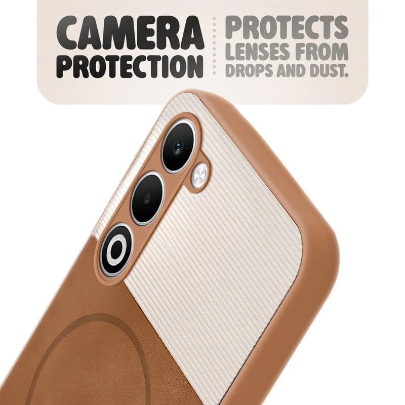 Image of Bintage case Dual-Leather Macc-Safe Design Phone Case| Soft Touch Finish | Full Camera Protectection Back Cover Compatible for Oppo CPH2751 /Oppo A5 5G - White & Nut Brown