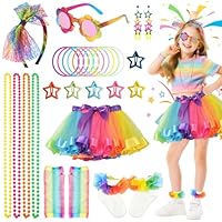 80s Fancy Dress Costume Set, 26Pcs Rainbow Costume Accessories with Tutu Skirt Star Earrings Hairpins Fishnet Gloves Socks Headband Necklaces Glasses Bracelets, Neon Outfit for 80s Party Dress Up