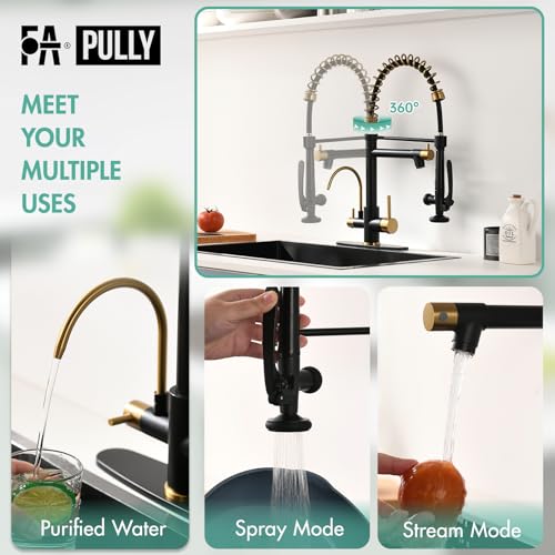 Image of Fapully Commercial Kitchen Faucet with Pull Down Sprayer and Water Filter | Matte Black&Brushed Gold, 3 in 1 Kitchen Faucets with Drinking Water Faucet for Kitchen Sink
