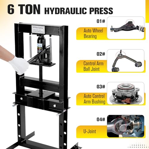 6 Ton Hydraulic Press, H-Frame Benchtop Hydraulic Shop Press, Garage Floor Press with 2 Press Plates, Adjustable Working Table Height, for Gears and Bearings, Black