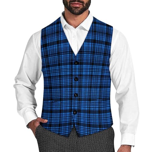 Classic Blue Plaid Men's Suit Vest Slim Fit Business Dress Party Pattern Waistcoat Vest Top