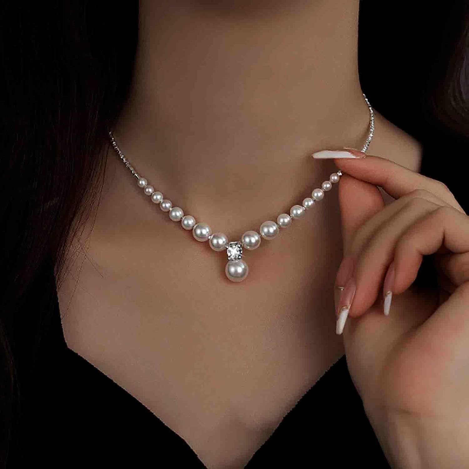 Boho Bridal Pearl Necklace Choker Silver Crystal Pearl Necklace Pearls Bead Collar Necklaces Minimalist Wedding Necklaces Round Bead Choker Pearls Drop Pendent Jewelry for Women - Image 2