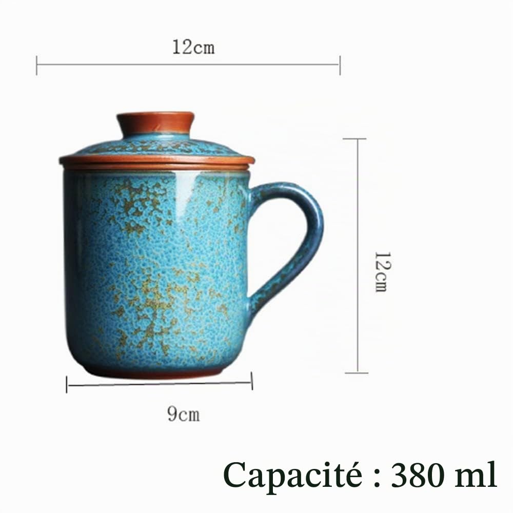 Tasse à Thé en Céramique avec Infuseur, Couvercle et Poignée - Porcelaine Émaillée Bleu Jade Faite à la Main en Chine