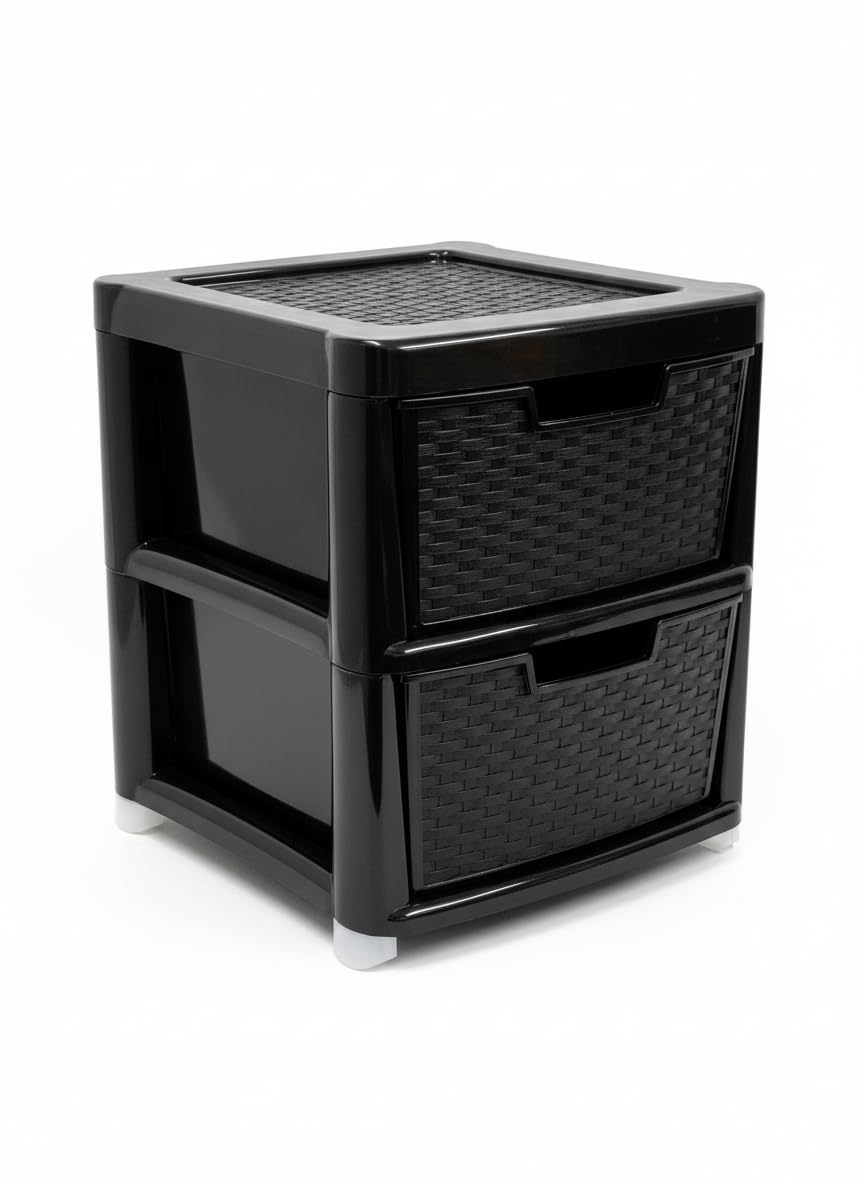 ELMORA'Z Large Storage Drawers Unit Rattan Effects Storage Solution Organizer Tower For Multipurpose Home Kitchen Office Laundry (Rattan Black, 2 Tier)