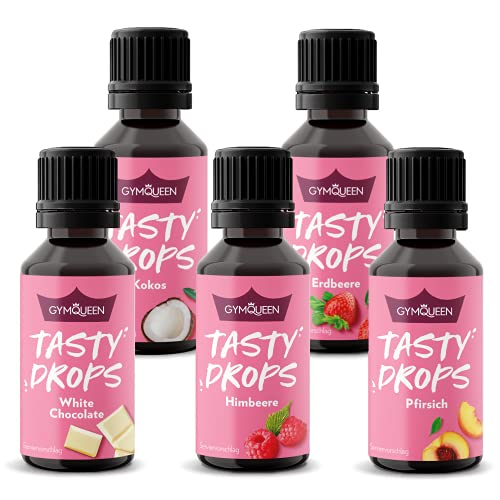 GymQueen Tasty Drops 5x30ml, Kalorienfreie, Zuckerfreie und Fettfreie Flavour Drops - Aroma Tropfen zum Süßen von Lebensmitteln, Geschmackstropfen ohne Künstliche Farbstoffe, Sommer Mix