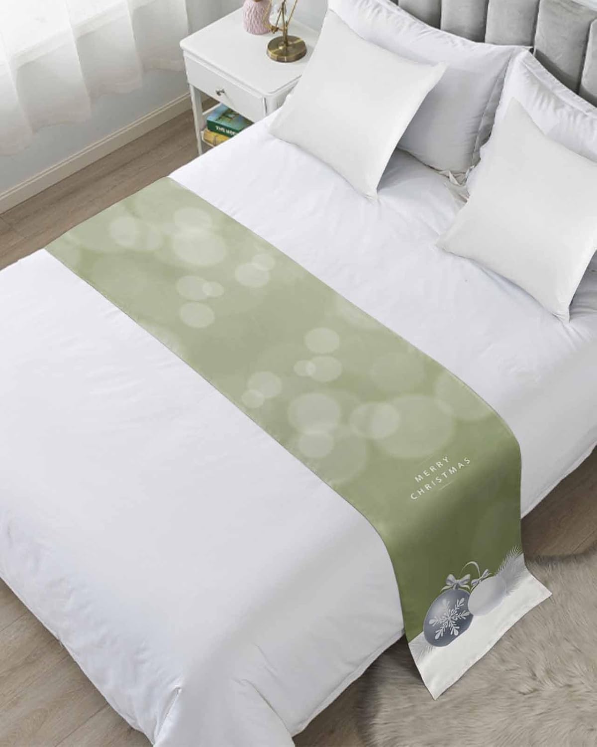 Sage Green Christmas Bed Runner Scarf Twin Size, Xmas Balls Pine Needles Snowflakes Luxury Bed Throw Runners & Scarves for Foot of Bed, Bedroom Hotel Wedding Room Decoration, 71″x20″