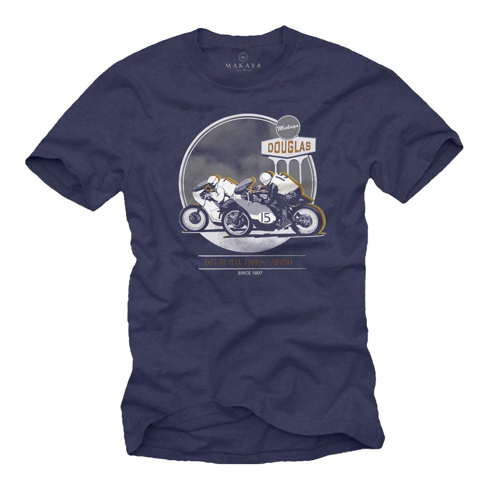 Makaya Men's Blue Motorbike T Shirt - Gift & Motorcycle Accessories - Vintage Biker Tshirt Xl