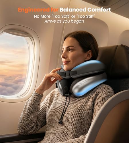 Image of Neck Pillow for Traveling, Travel Pillows for Airplanes, Adjustable Neck Pillow Airplane Travel Essentials - 2 Layer Patented | Inflatable Air Loop & Memory Foam for 360 Ergonomic Support