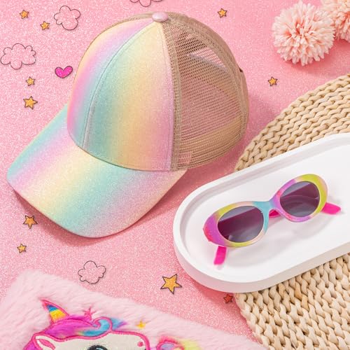 Girls Baseball Hat Kids Sunglasses, Rainbow Criss Cross Cap Adjustable Summer Cap Trucker Hat with Polarized Sunglasses for Girls Sports Travel Hiking Spring Summer4