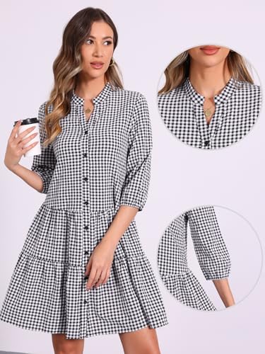 Robe trapèze décontractée vichy avec ourlet volanté et boutons pour silhouette fluide - 2