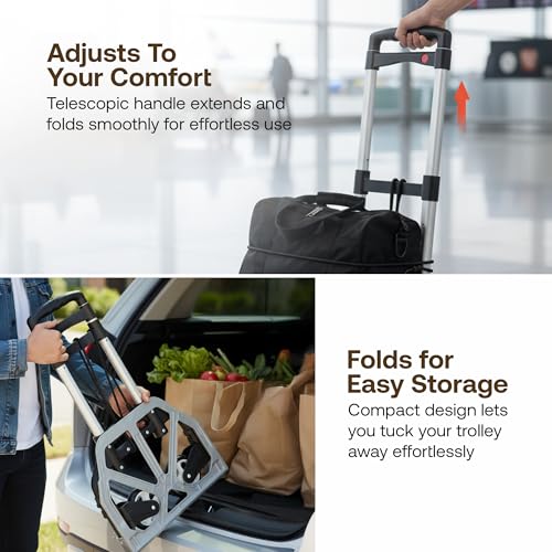 Image of BonKaso Folding Hand Truck 70Kg Capacity | Heavy-Duty Luggage Trolley with Telescopic Handle | Lightweight Collapsible Cart for Travel, Home & Office Use (40x41x100cm) Silver
