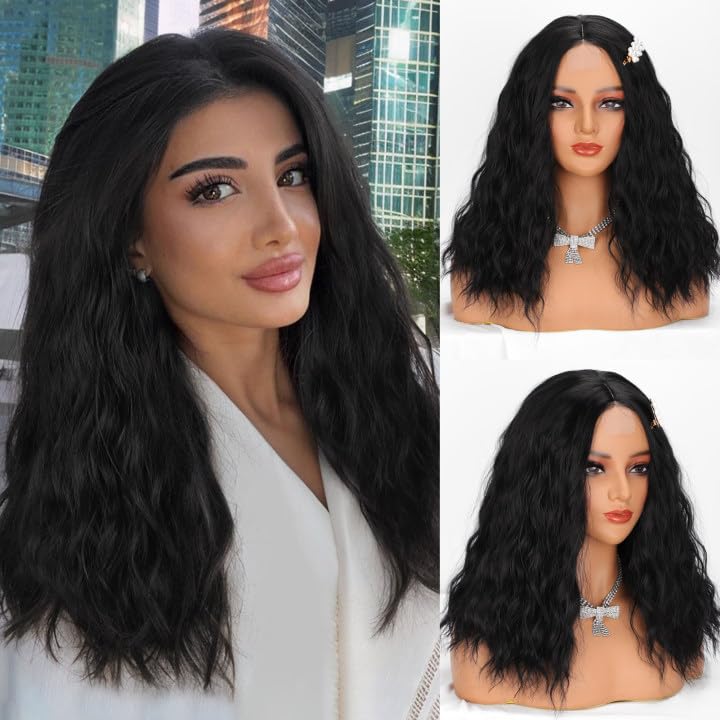 YYHR Wavy Wig 18 Inch Medium Length Middle Part Wigs for Women Synthetic Black Hair Wavy Wig, Natural Looking Heat Resistant Fiber for Daily Party/Halloween Use 18Inch,Black