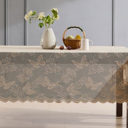 HLC.ME Butterfly Floral Lace Tablecloth, Rectangle, 54x72 Inch, Linen Taupe