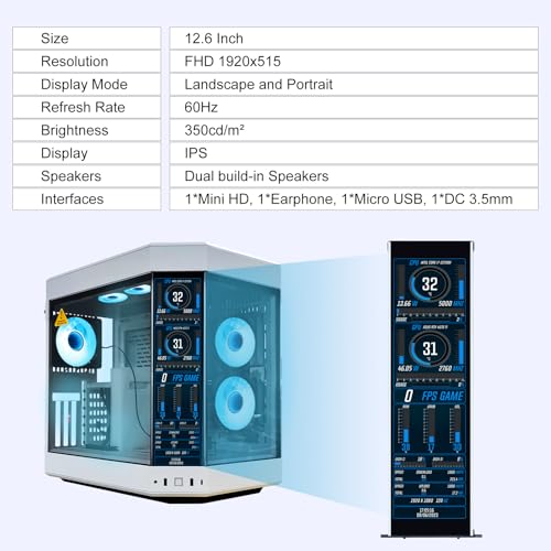 Image of GeeekPi 12.6 Inch IPS LCD Touch Screen Monitor FHD 1920x515 Display, Fit for Hyte Y60 PC Case CPU GPU Secondary Monitor Panel, Built-in Dual Speakers, Plug & Play,with up to 10-Points of Multi-Touch