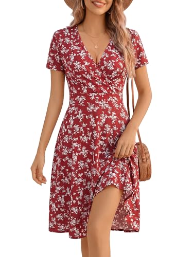Image of MSBASIC Womens Summer Wrap V Neck Casual Dresses Floral Short Sleeve A-Line Midi Sundress