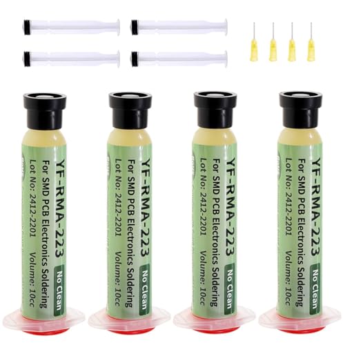 IWIDYA 4er Pack Pasta de Soldar YF RMA 223 – Flux No Clean en Jeringas de 10cc, Flux para Electrónica con Agujas Finas, Pasta de Estaño para Reparación de SMD y PCB, Incluye 4 Vástagos