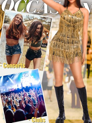 Image of Kaei&Shi Sequin Fringe Romper,Sparkly Glitter Metallic Jumpsuits For Women,Backless Shorts Dress Disco Birthday Dance Outfit