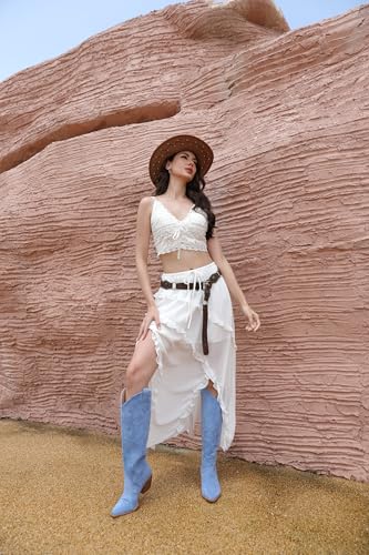 Image of iiimmu Cowgirl Boots Women Knee High Boots Pointed Toe and Block Heel Cowboy Suede and Faux Leather Boots with Embroidered