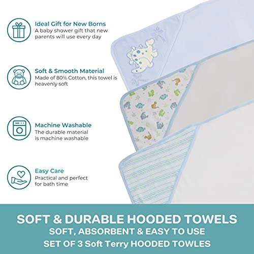 Image of Spasilk 3-Piece Hooded Towel Set for Newborn Boys and Girls, Soft Terry Baby Towels, Baby Essentials, Blue Dino