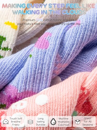 Image of Baby Toddler Girls Socks Grip Ruffle Non Slip Kids Cotton 12 Pack Socks | PREMIUM soft COTTON,full anti-slip grips,6month-7t grippy crew socks for girls,daily school all season wear,cute ruffle