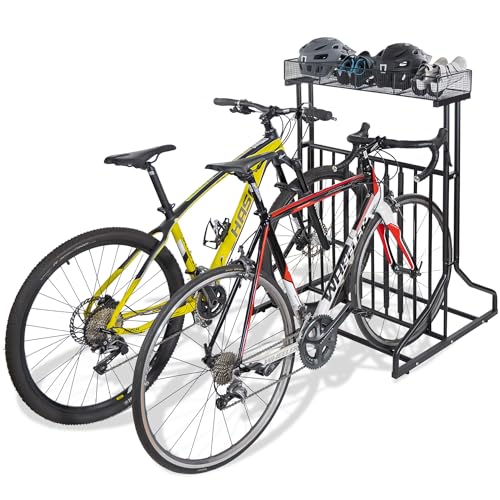 CyclingDeal 3 to 5 Bike Floor Parking Rack with Storage Basket - for Storing 20'-29' MTB Road Hybrid Kids Bikes - Bicycle Storage in Garage at Home