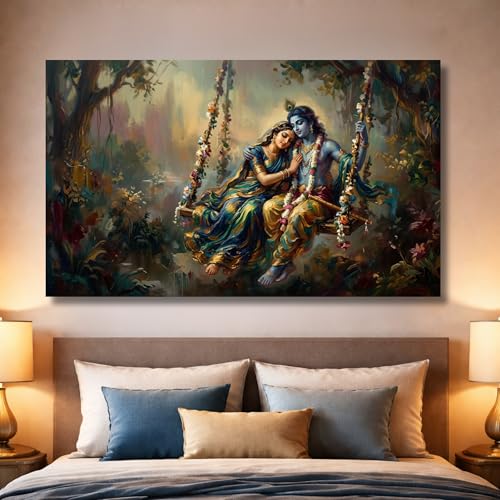 Image of KUNJ CART Artistic Premium Radha Krishna Canvas Painting for Living Room | Radha Krishna painting for wall Big Size | Spiritual Vastu Home Decor | Radha Krishna jhula wall painting for Bedroom | Hindu God Large Canvas Wall Painting (36 X 24 INCH, Unframed - LARGE)
