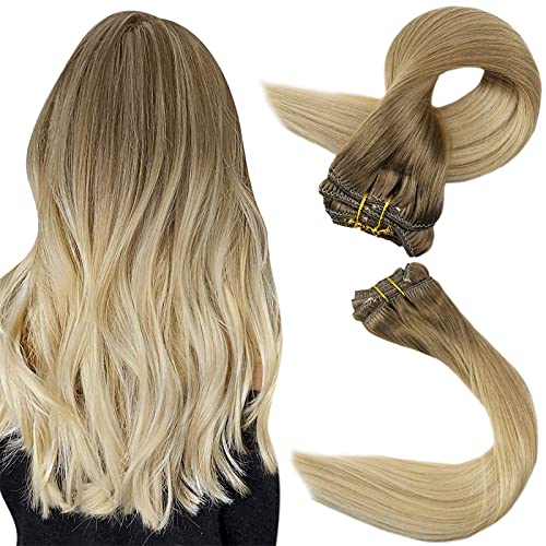 Fshine Hair Extensions Clip in Human Hair 14 Inch Ombre Color 8 Ash Brown Fading to 18 Ash Blonde Fading to 60 Platinum Blonde 7Pcs Double Wefted Human Hair Extensions 100 Gram Per Pack