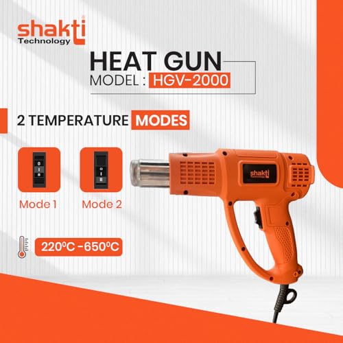 Image of Shakti Technology - HGV-2000 W | High Speed Heat Gun with Dual Temperature 220C - 650C | Ergonomic Design | 5.9ft Cord - Ideal for Paint Removal, Shrink Wrapping