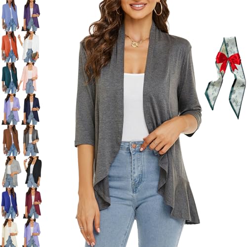 Novealcrbe Women's Casual Lightweight Open Front Cardigans, Women's 3/4 Sleeve Cardigan with Soft Draped Ruffles