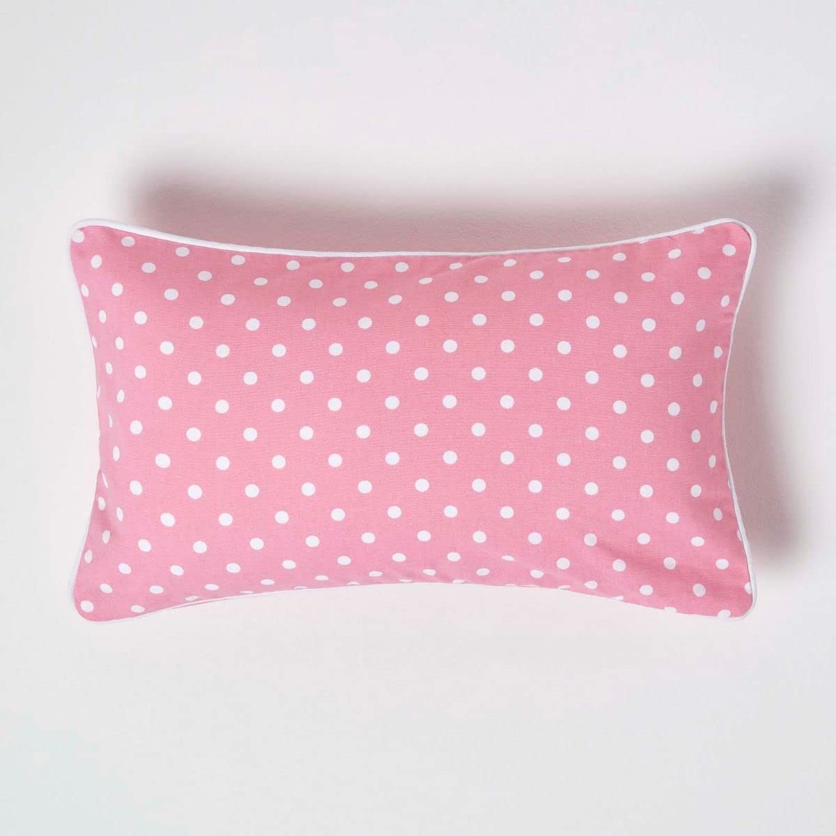 HOMESCAPES - 100% Cotton - Polka Dots - Cushion Cover - 30 x 50 cm Rectangular - 12 x 20 Inches - Pink White - 100% Cotton Sofa Pillow Cushion Cover - Washable