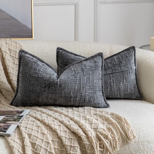 Image of MADIZZ Pack of 2 Chenille Throw Pillow Covers 12x20 Inch Dark Grey Soft Neutral Decorative Throw Pillows for Couch Sofa Boho Accent Cushion Covers Modern Farmhouse Home Decor for Bedroom Living Room