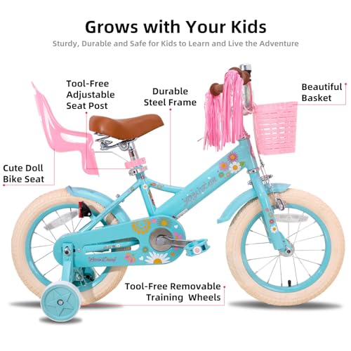 Image of JOYSTAR Little Daisy Kids Bike for Girls Boys Ages 2-7 Years, 12 14 16 Inch Girls Bikes with Doll Bike Seat & Streamers, Boys Bike with Flag & Number Plate, Multiple Colors