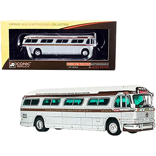 1959 GM PD4104 Bus Tijuana Tres Estrellas de Oro (Mexico) Silver and White with Brown Stripes 1/87 (HO) Diecast Model by Iconic Replicas 87-0301
