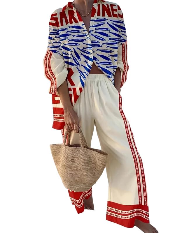 Chemise à manches longues boutonnée imprimée en 3D poisson sardine pour femmes pantalon large à cordon survêtement de plage tenues de vacances ensemble de 2 pièces