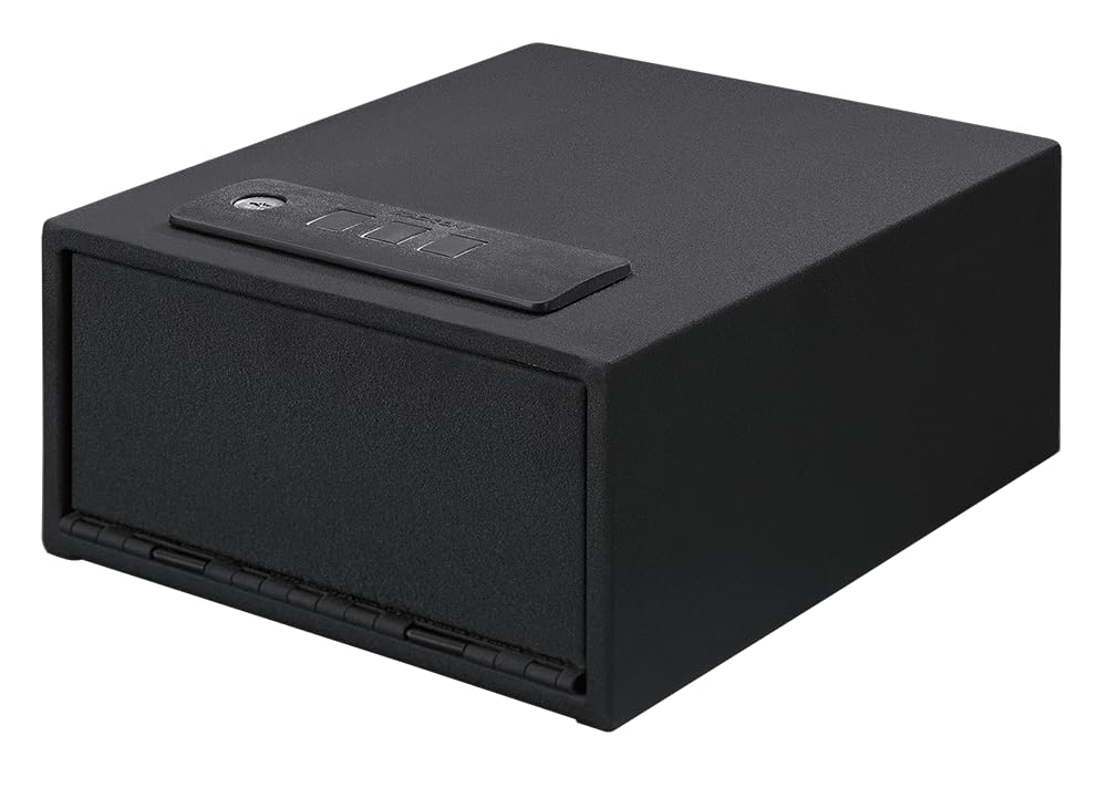 The Stack-On Quick Access Personal Safe with its front door open, revealing a pistol stored inside on a foam-lined bottom.