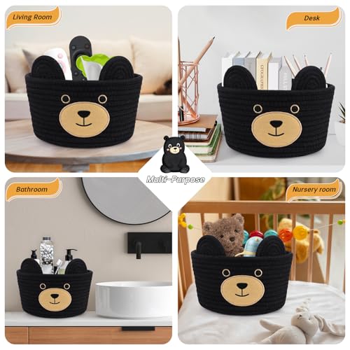 Image of Cute Black Bear Basket for Nursery- Small Animal Gift Basket,Soft Woven Rope Cotton Storage, Shower Baby Towel 0rganizer with Bear Ears, Candy Blanket Towel Decor Storage Bin, 8.2 inchD x 4.7 inchH IN