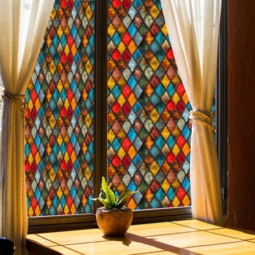 Fasbuy Vinilo Ventana Privacidad, Película de Privacidad para Ventana Estilo Vintage Rombo Vinilo Esmerilado Pegatina Cristales Opacos Estático Adhesivo Anti UV para Baño (Estilo 13,43x100cm)