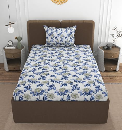 Image of VOMZER 300 Threadcount Elastic Fitted Bedsheets Single Bed with 1 Pillow Cover | Single Bed with All Around Elastic, Size 36 X 72 X 8 Inches Blue
