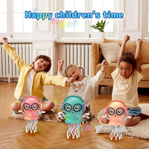 Image of Dancing Jellyfish Baby Toy, Electric Crawling Jellyfish Toy, Crawling Toy with Light and Sound - Interactive Tummy Time Toys for Boys Girls Birthday Gift (Rose Red /Multicolor)
