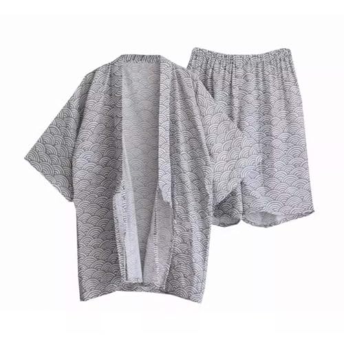 ZEALMAX Men and Women's Japanese Kimono Pajamas Shirt and Shorts, Cotton Linen Loungewear Sleepwear Spa Bathrobe, Gray White