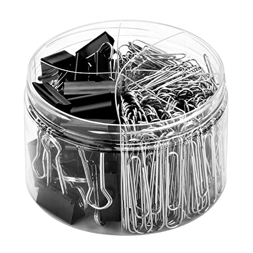 Paper Clips Binder Clips, Viemior 350Pcs Paper Clips Binder Clips Assorted Sizes, Including Large Medium Small Paper Clips + Medium Small Mini Binder Clips - Silver Paper Clip, Black Binder Clip #TOP3