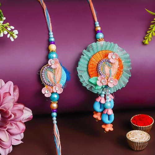 Image of Bhai Bhabhi Rakhi Set - Peacock Designer Rakhi with Stone & Pearl Work Lumba with Tassel for Bhabhi | Raksha Bandhan Gift