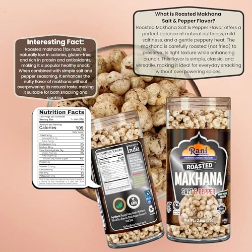 Image of Rani Roasted Makhana (Fox Nut /Popped Lotus Seed) Salt & Pepper Flavor 2.6oz (75g) Ready to eat, Hand Picked Foxnuts ~ All Natural | Vegan | Gluten Friendly | NON-GMO | Kosher | Indian Origin