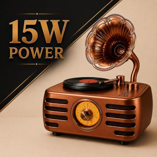 Image of Fire turtle Vintage Bluetooth Speaker with FM Radio & Retro Vinyl Record Player Design, Wireless Portable Music System with USB, TF Card, AUX, HD Sound & Classic Home Decor