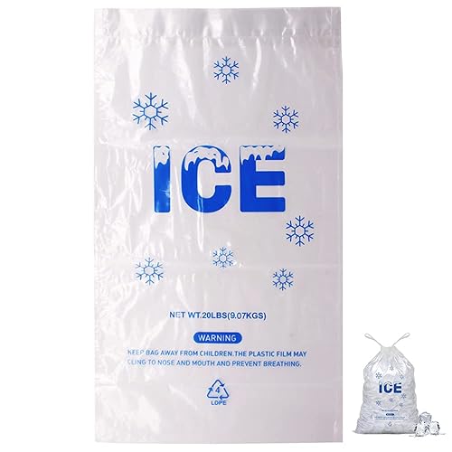 Miniatura 1 de Paquete de 100 bolsas de hielo de plástico con cordón de 20 libras, bolsas de hielo de plástico resistentes de 14 x 28 pulgadas con cuerda de