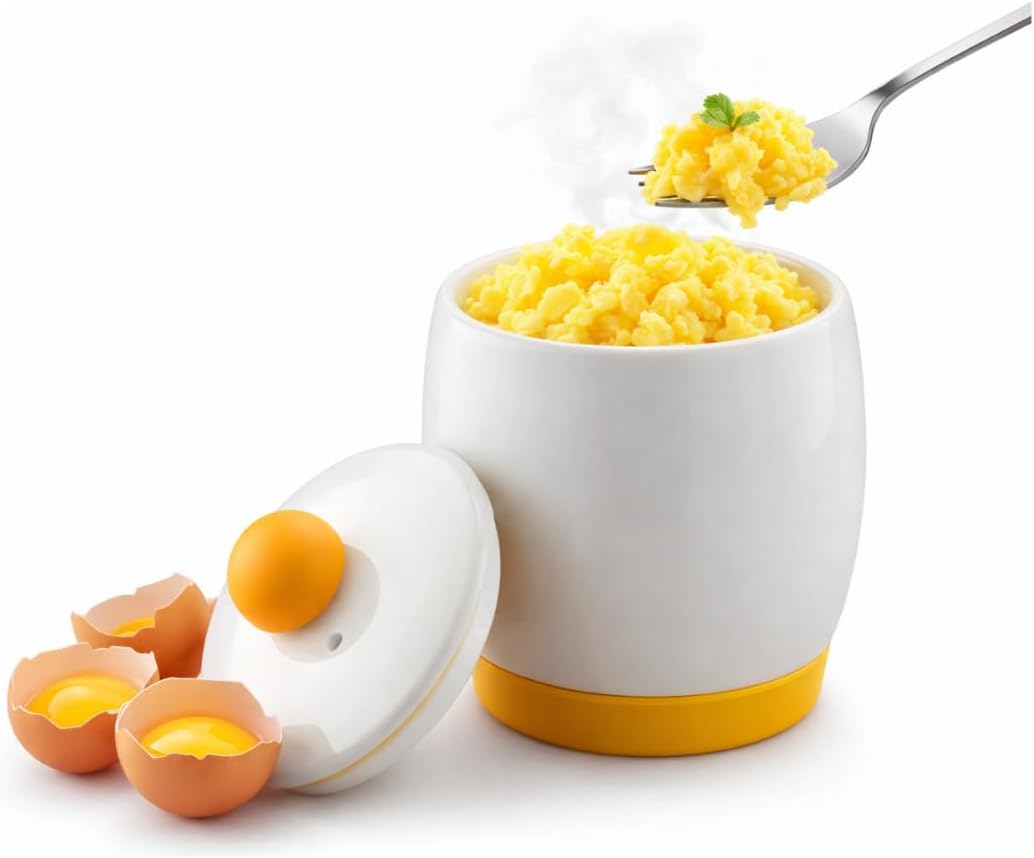 Ceramic Microwave Egg Cooker & Egg Maker, White, 4-Egg Capacity, Non-Stick Interior, Cool-Touch Lid, Fast Scrambled & Poached Eggs, 14 × 10 cm