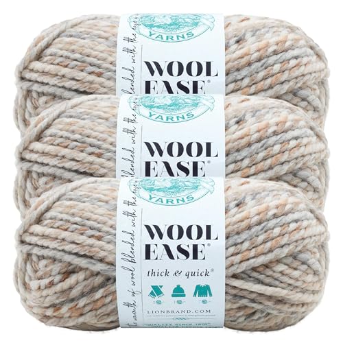 Image of Lion Brand Yarn Wool-Ease Thick and Quick Yarn, Soft and Bulky Yarn for Knitting, Crocheting, and Crafting, 3 Pack, Fossil | Super Bulky Wool Acrylic Blend Fiber for Soft Hats, Sweaters, Chunky Blankets, Yarn for Crochet, Knitting, Crafts, Weaving