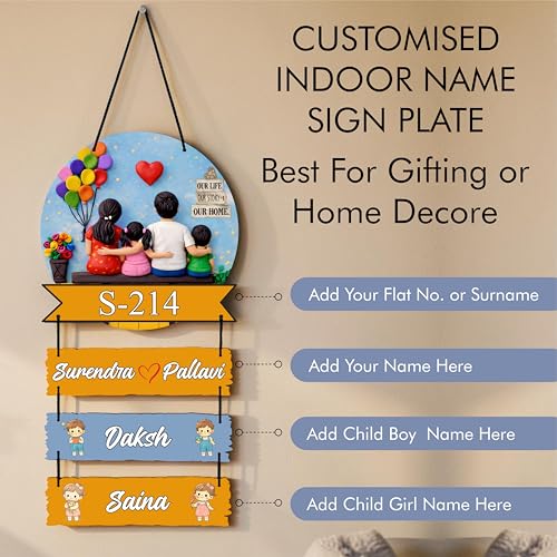 Image of P Arts Personalized Family Name Plate with 3D Illusion UV Print | Customized Wooden MDF Name Board for Indoor Home Entrance | Includes Self-Adhesive Sticky Hook for Easy Installation (Couple + 1 Boy & 1 Girl)
